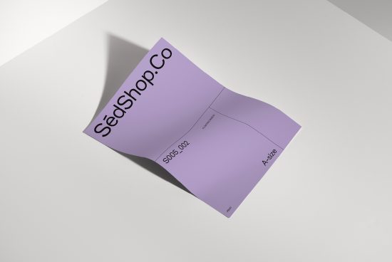 Mockup of a curved lavender flyer with shadow lying on a white surface, minimalist design, paper texture, realism, A-size for print ad presentation.